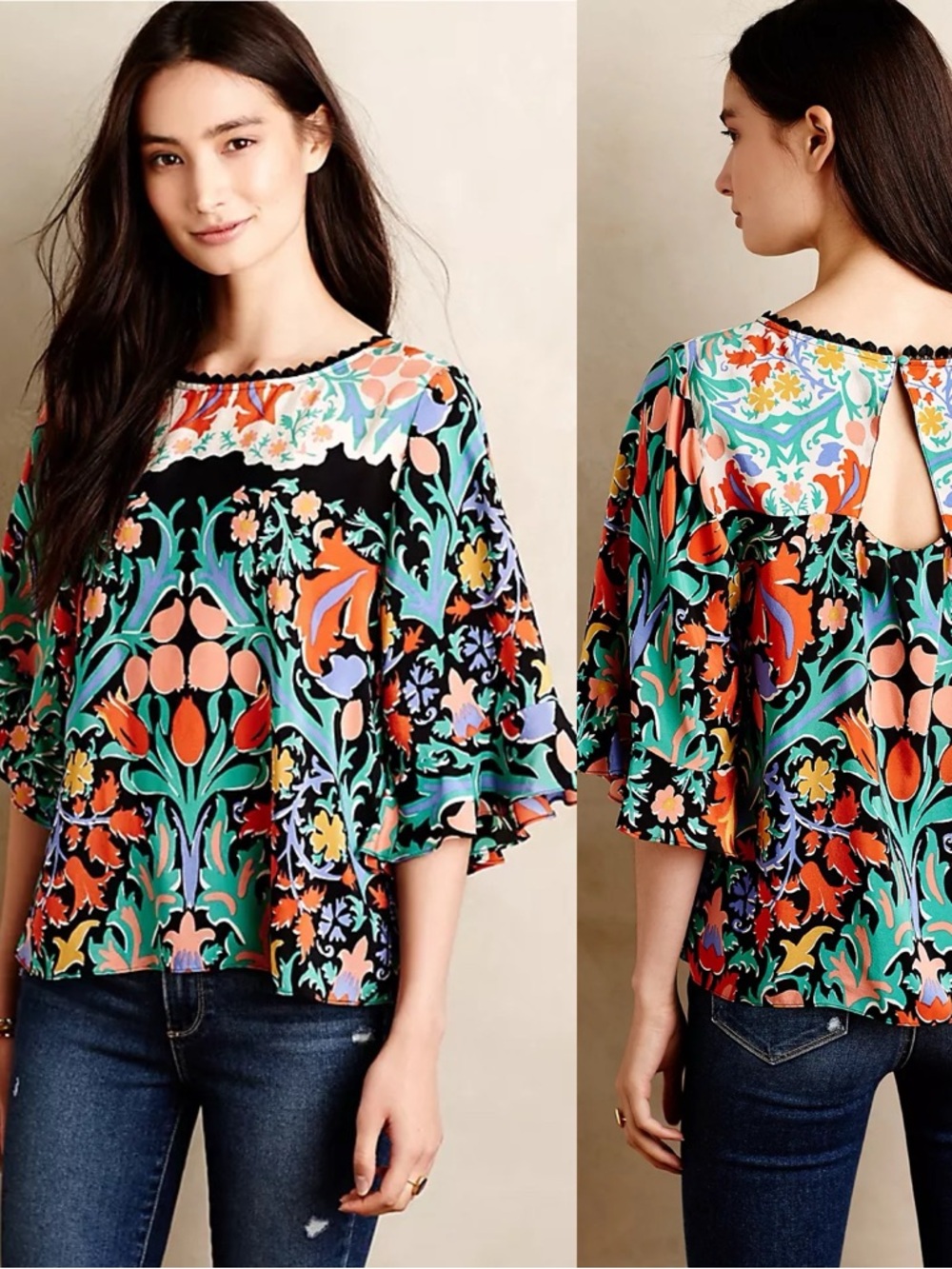 Anthropologie Maeve silk folkart kimono top size 6 Asian boho flare sleeves